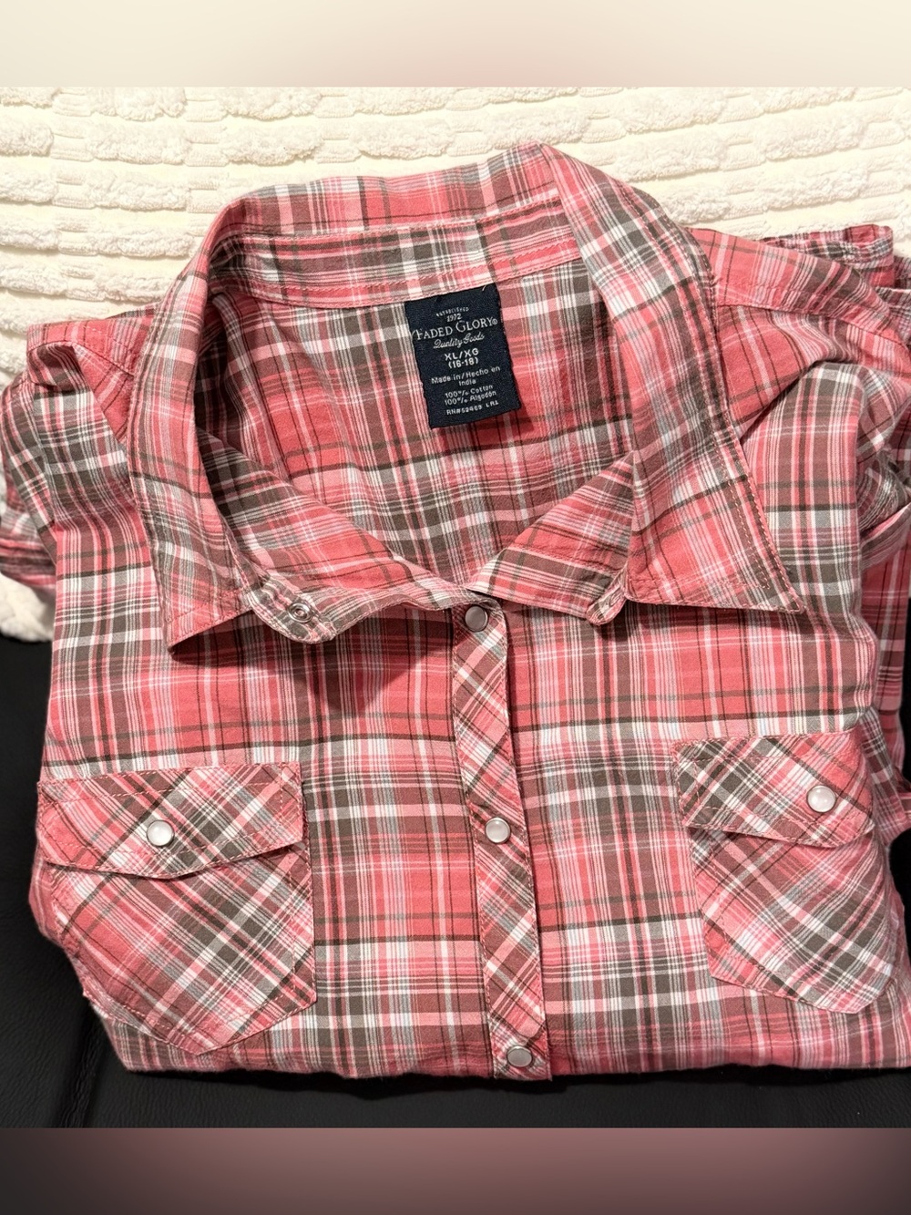 Faded Glory Western Pearl Snap Plaid Shirt – Pink & Gray – Women's XL (16-18)